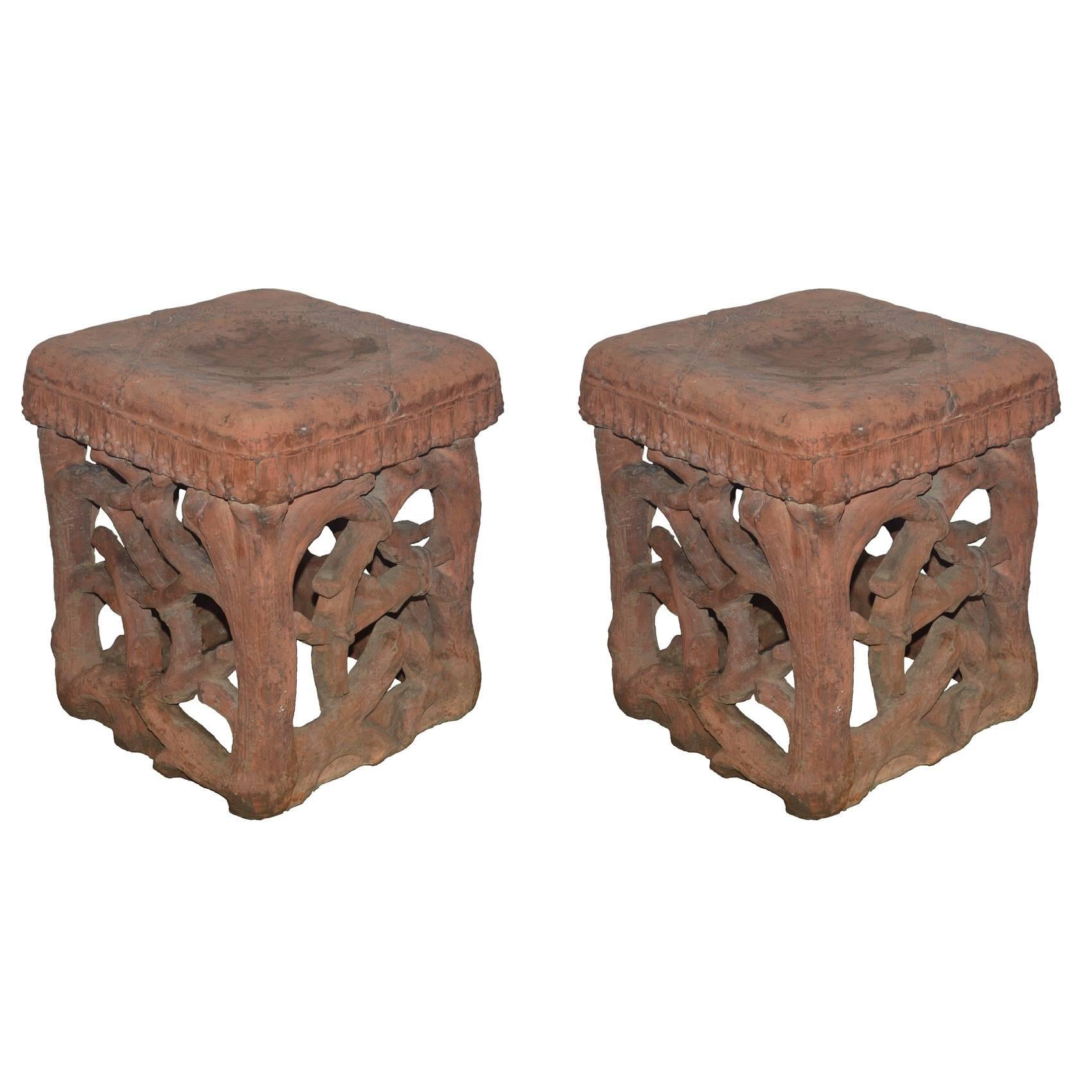 Pair of French Square Terra Cotta Stool Side Tables