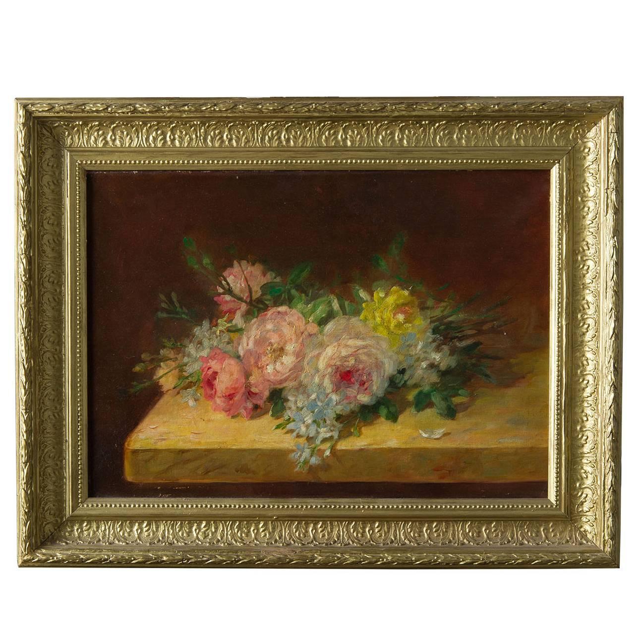 "Roses on the Table" Old French Painting, oil on canvas For Sale