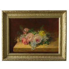 "Roses on the Table" Old French Painting, oil on canvas