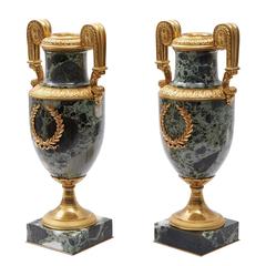 Pair of French Empire Style French Verde Antico Marble Urns, circa 1890