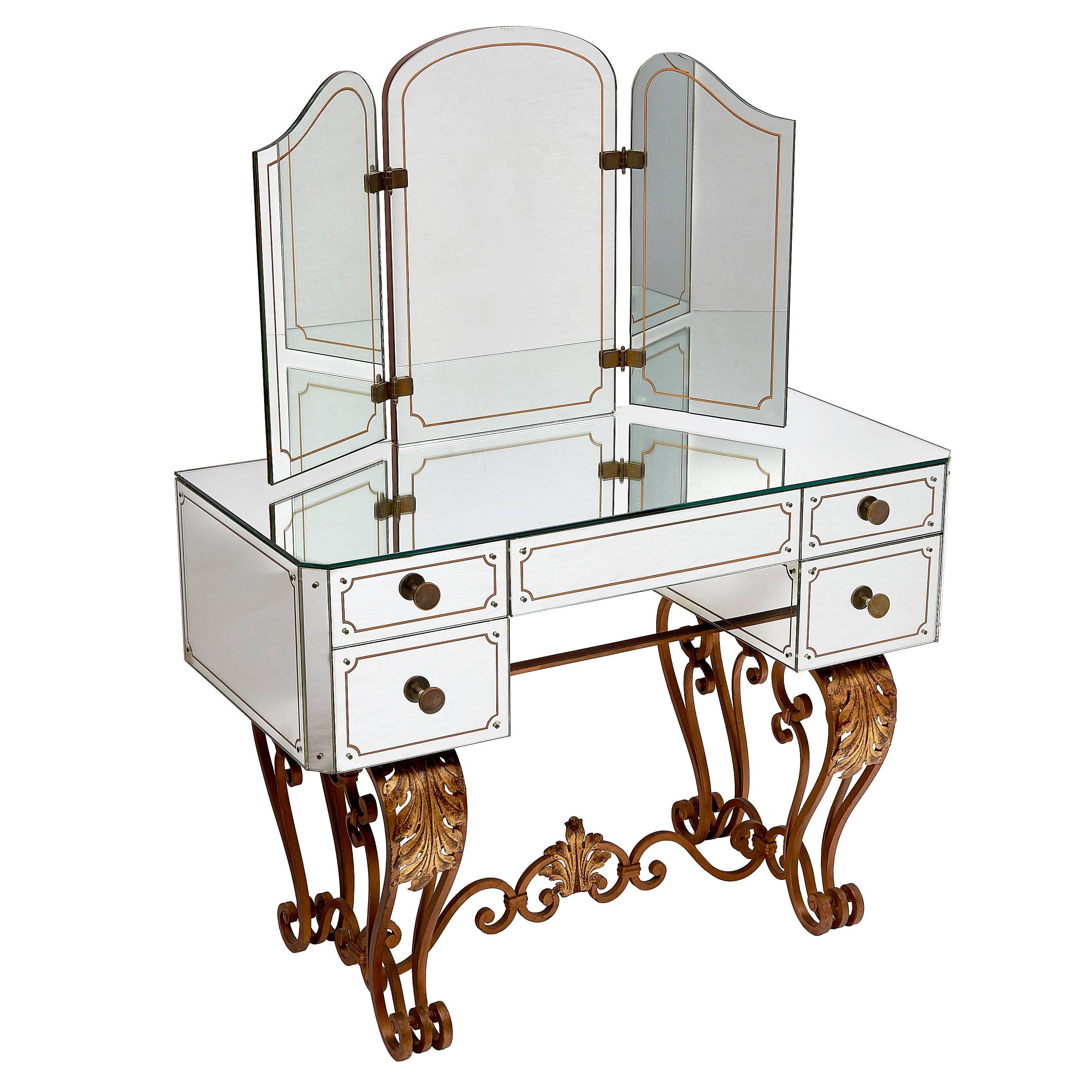 French Mirrored Dressing Table with Gilt Iron Cabriole Base, Circa1950