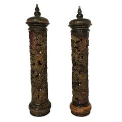 Pair of Chinese Horn-Carved Incense Holders 