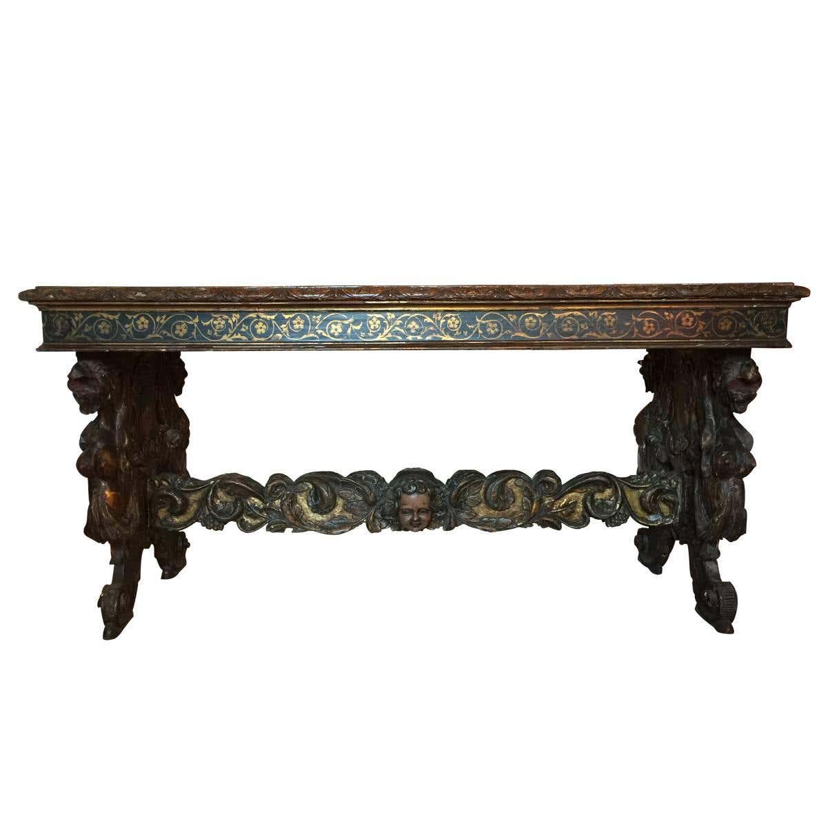 Antique Spanish Renaissance Style Walnut Polychrome and Gilt Table or ...