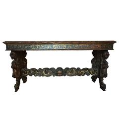 Antique Spanish Renaissance Style Walnut Polychrome and Gilt Table or Desk