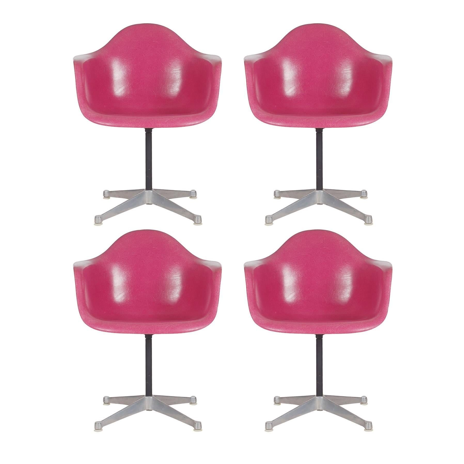 Rare Set of Four Hot Pink Fiberglass Chairs by Charles Eames for Herman Miller
