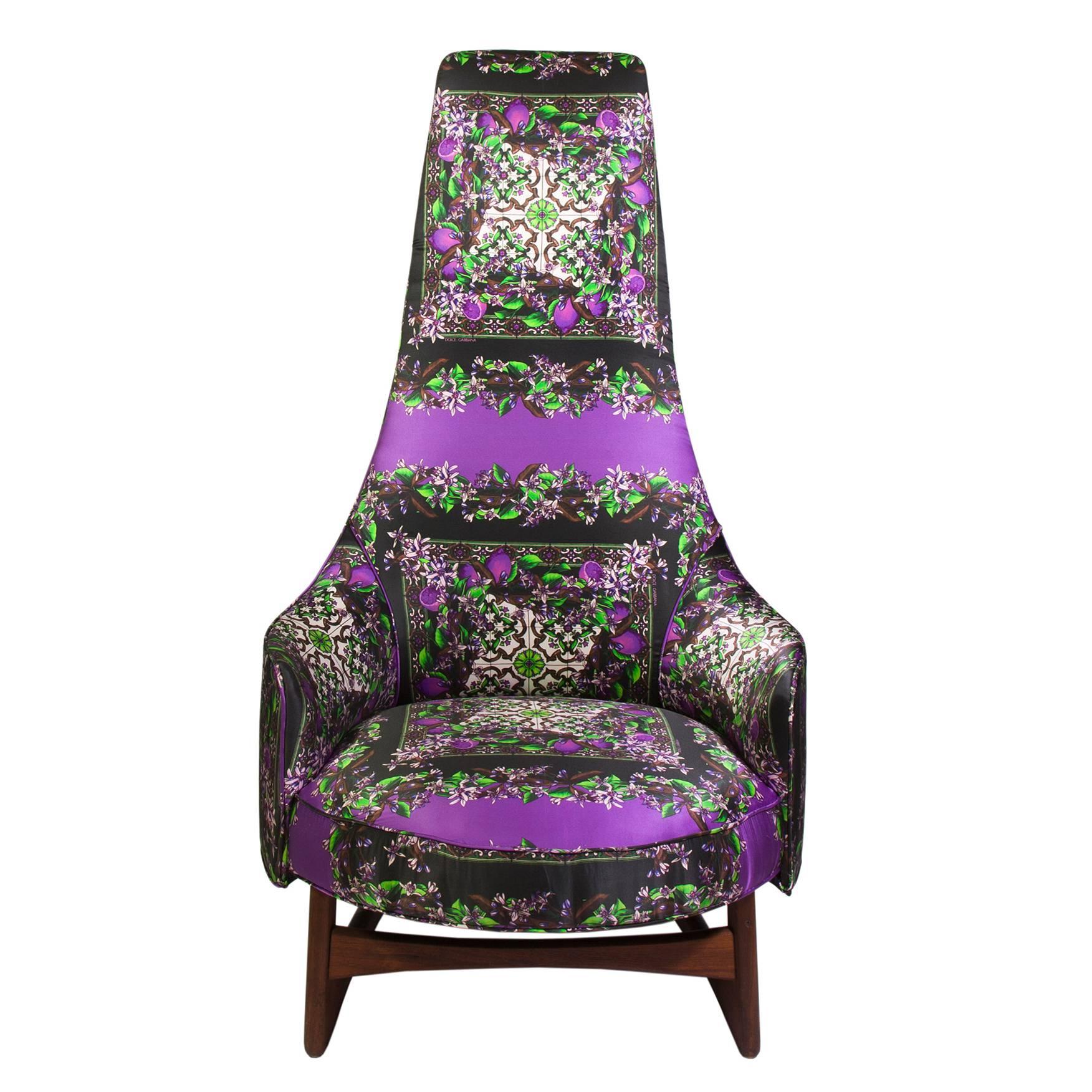 Adrian Pearsall Attributed High Back Chair Upholstered in Dolce & Gabbana Silk For Sale