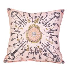 Hermès 'Les Clefs' Silk Scarf Pillow with Pink Oscar de la Renta Cashmere Back