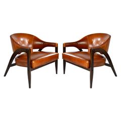 Edward Wormley Inspired "A-Frame" Lounge Chairs in Cognac Leather