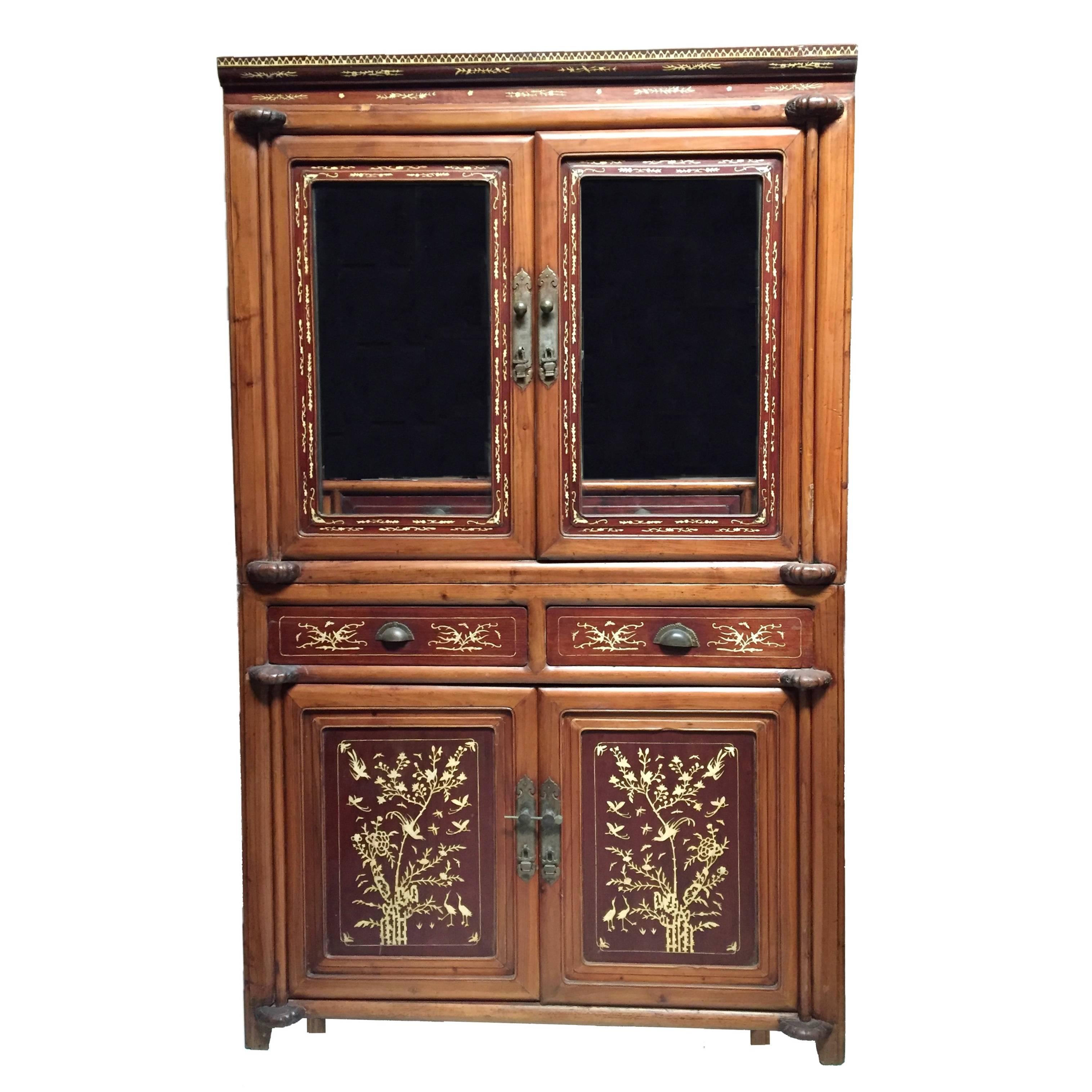 Chinese Antique Bone Inlaid on Rosewood Cabinet, 19th Century For Sale