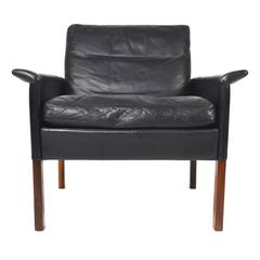 Hans Olsen Model 500 Lounge Chair in Black Leather and Rosewood, Denmark, 1960s