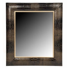 Classic Black Croc Leather Framed Mirror with Hand Painter Gold Tippin