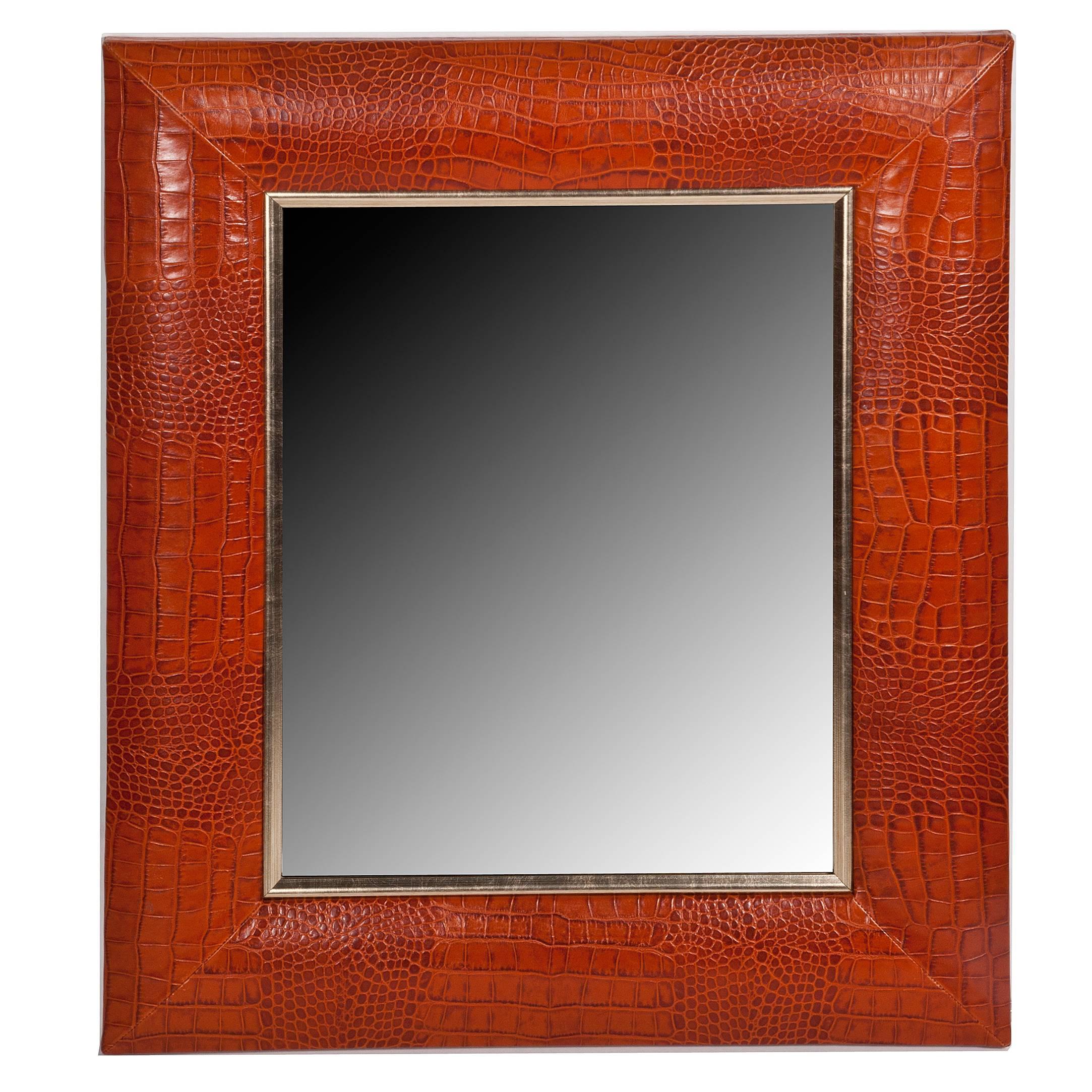 Contemporary Cogna Croc Leather Framed Mirror with Champagne Gold Detailing For Sale