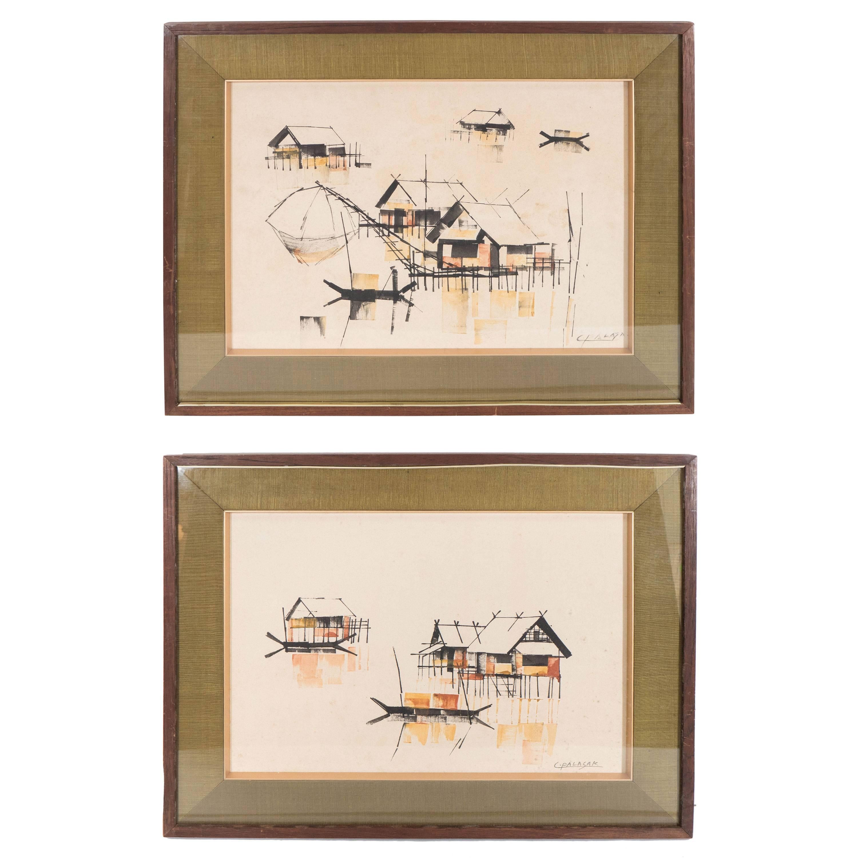 Pair of C. Palasak Gouaches of River Houses, Signed