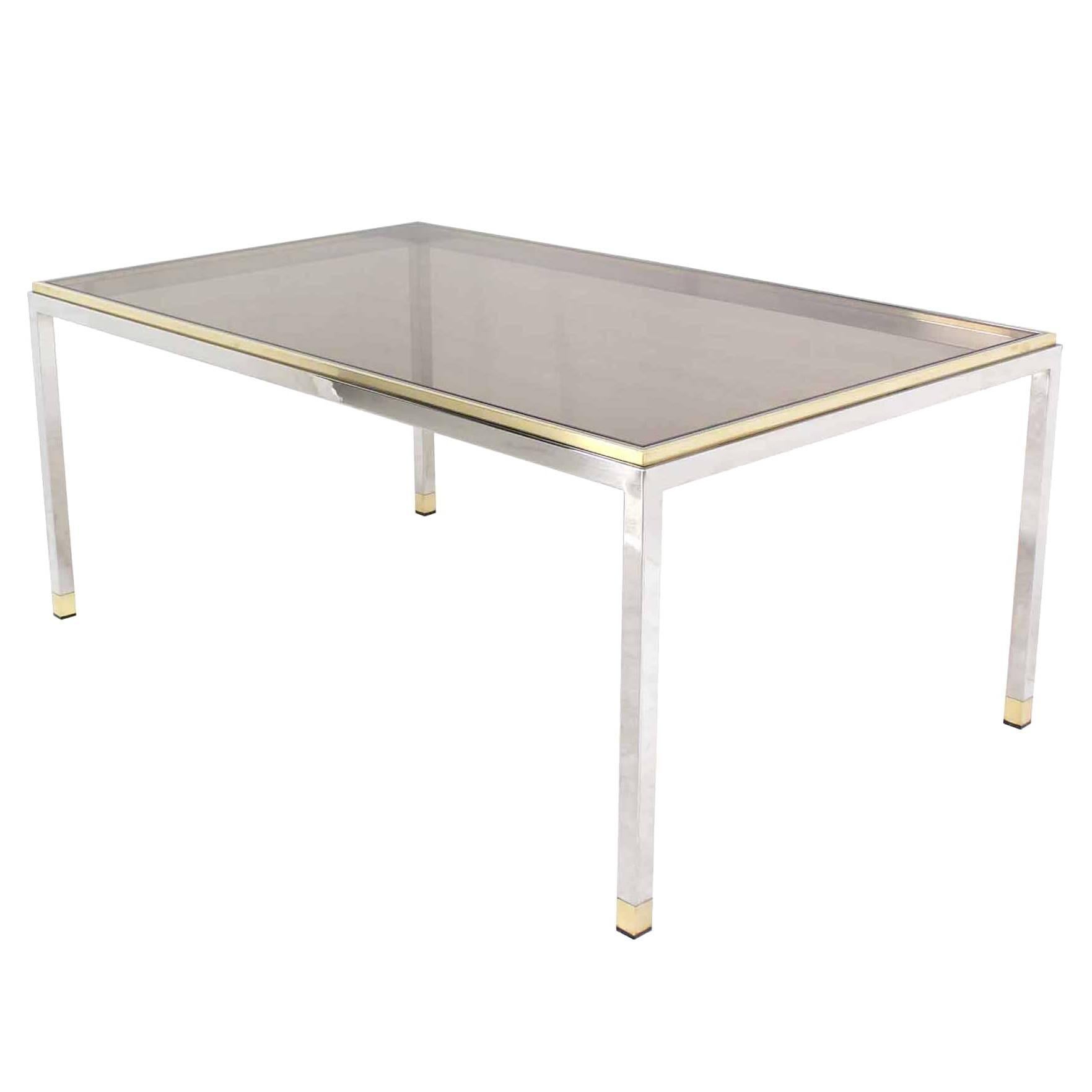 Brass Chrome Smoked Glass Top Rectangular Dining Table For Sale