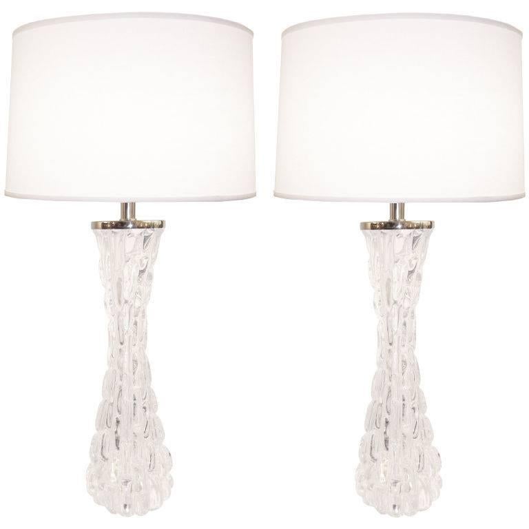 Pair of Large Croco Relief Crystal Lamps by Carl Fagerlund, Orrefors