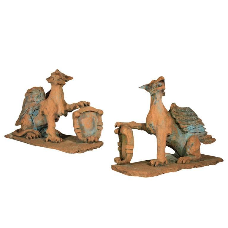 Pair of French Signed and Dated Terracotta Dragon-Like Griffins For Sale