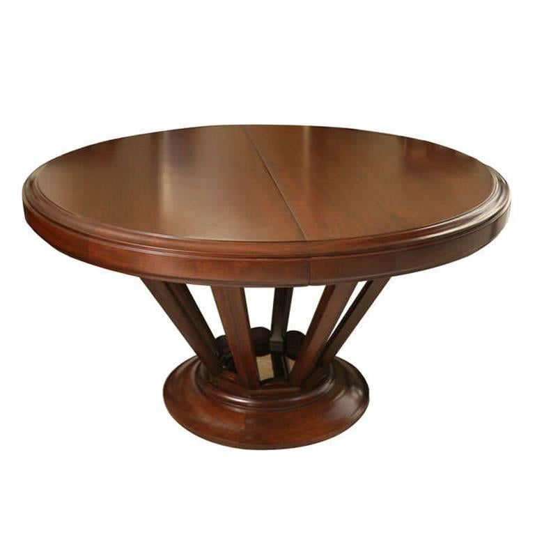  French Art Deco Round Walnut Dining Table with Extensions