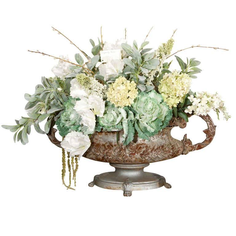 Large French 19th C Cast Iron Tabletop Urn with Faux Flowers For Sale