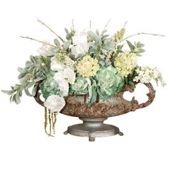 Large French 19th C Cast Iron Tabletop Urn with Faux Flowers