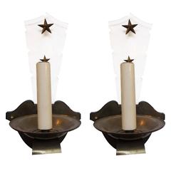 1940s Pair of French Art Deco Sconces with Gilt, Plexiglas and Applied Stars