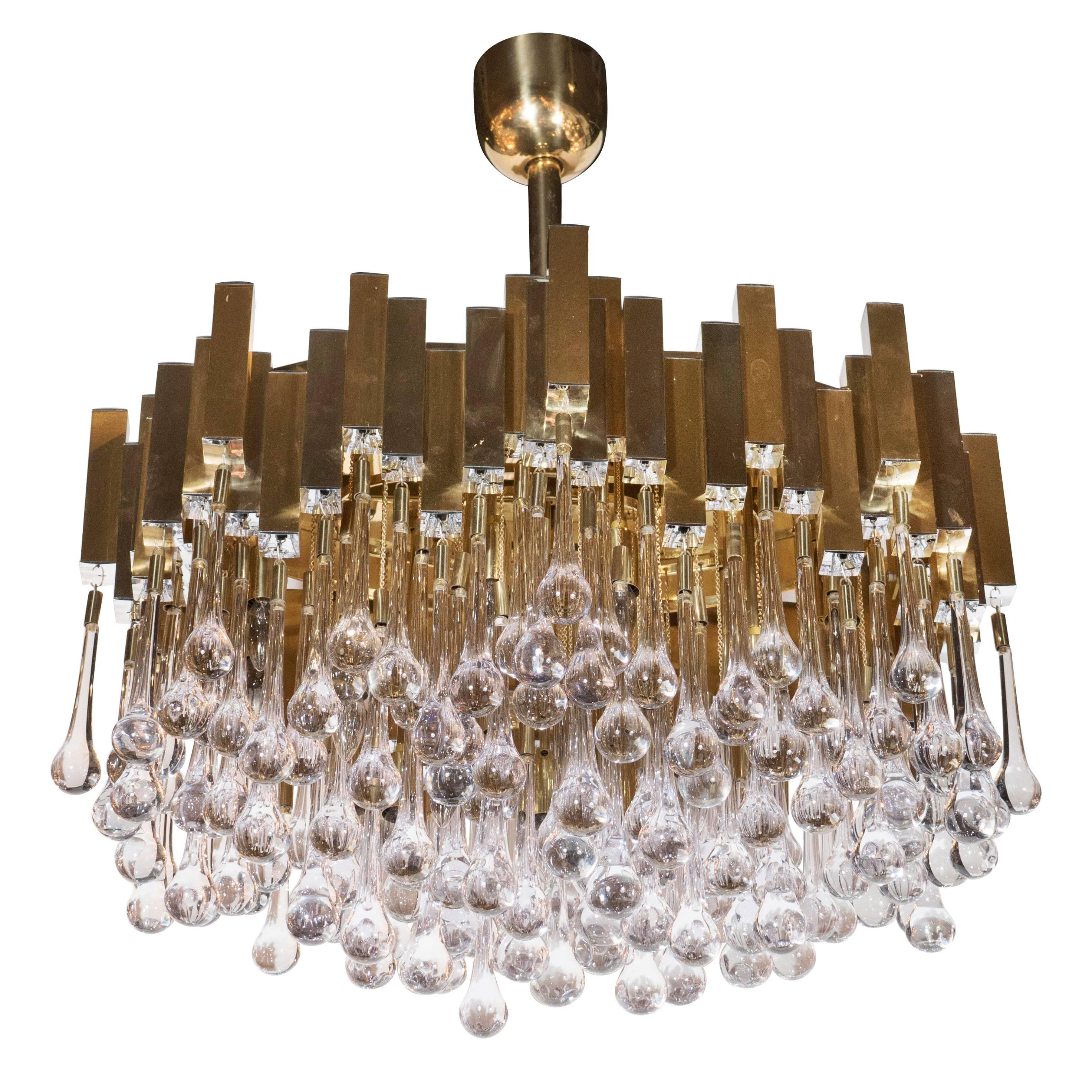 Brass and Crystal "Droplet" Chandelier by Sciolari﻿