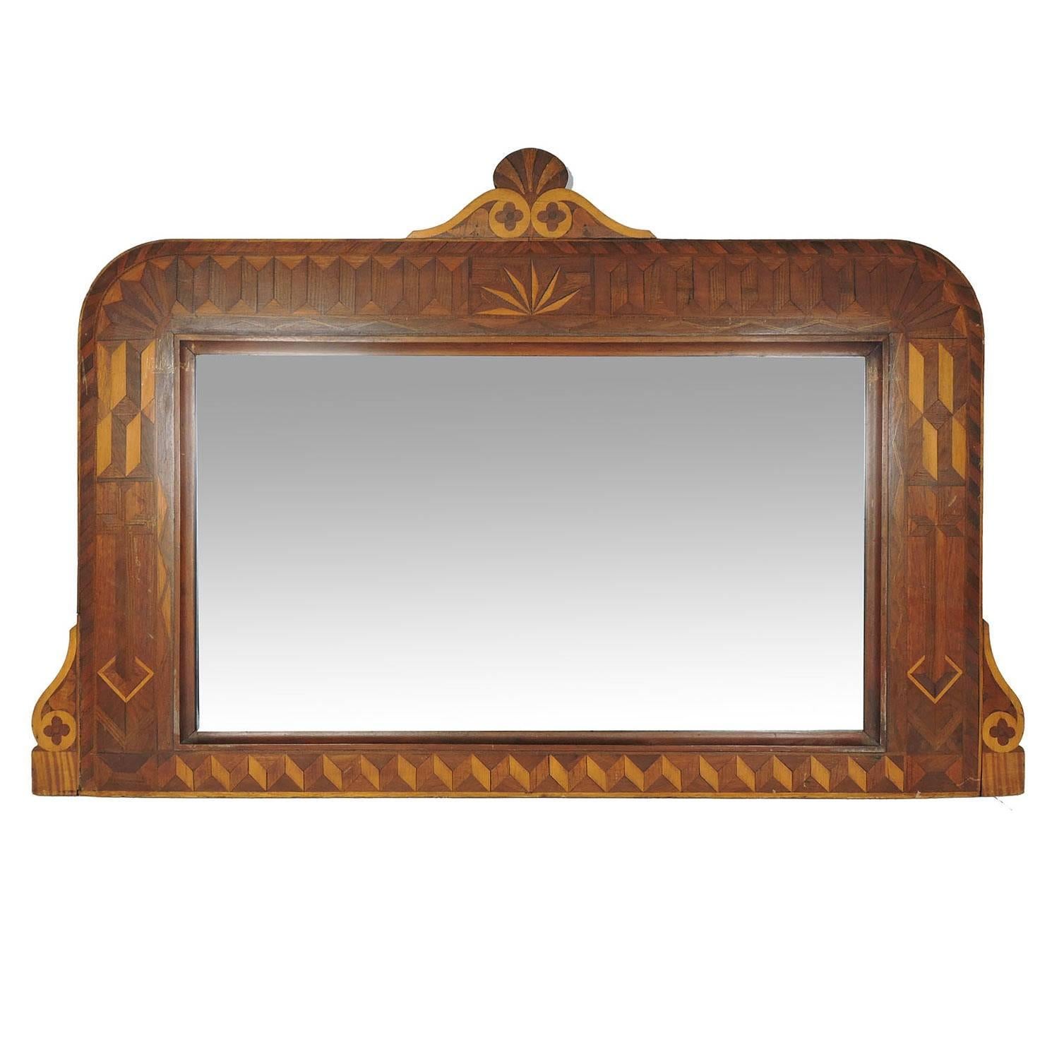 19th Century Folk Art Marquetry and Parquetry Inlaid Mahogany Mirror For Sale