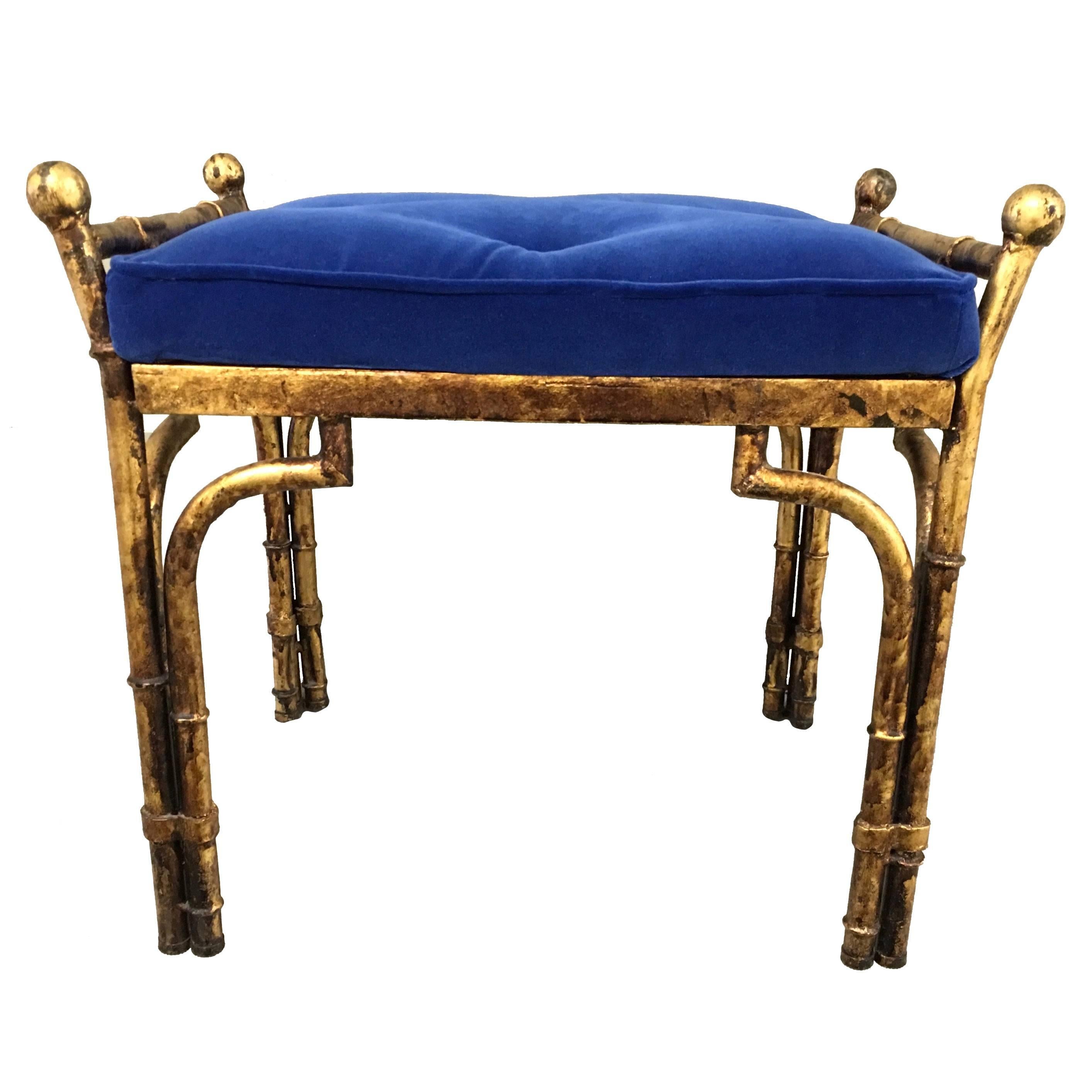 Gold Gilt Faux Bamboo and Blue Velvet Bench