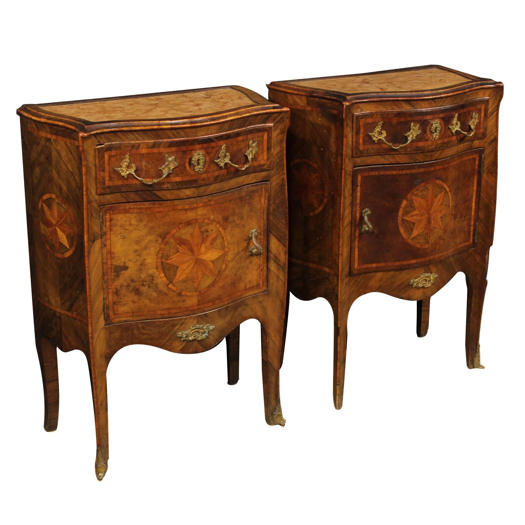 19th Century Inlaid Bedside Tables with Marble Top