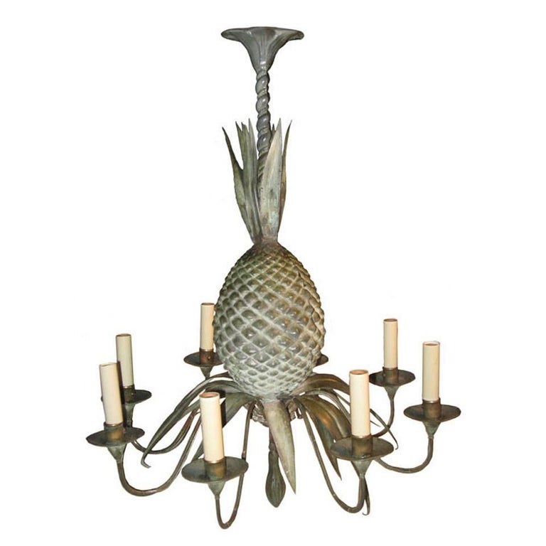 Mid-Century Tin, Pineapple Six-Arm Chandelier For Sale at 1stDibs