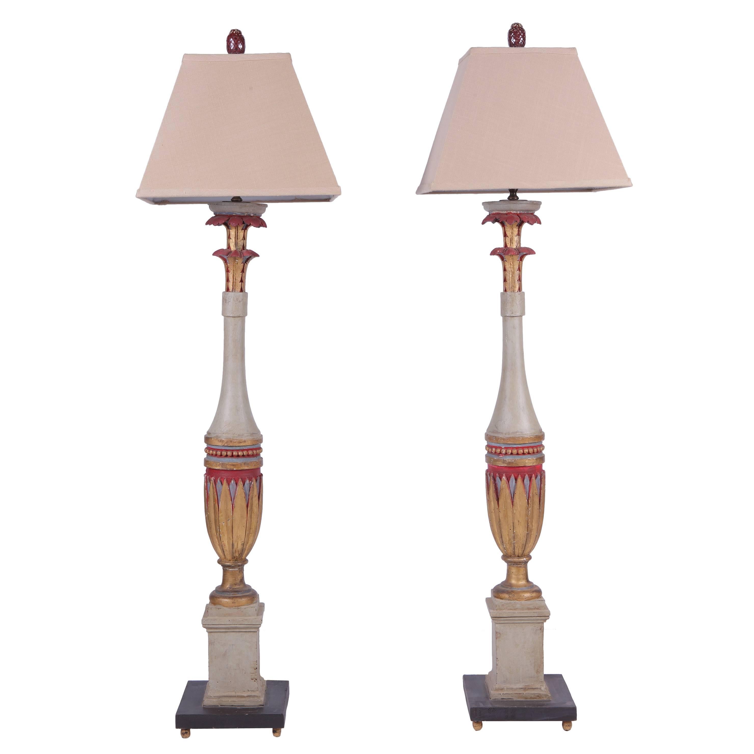 Pair of Tall Carved Art Deco Lamps