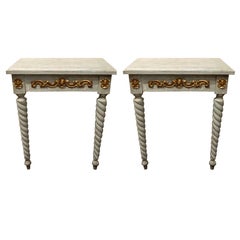 Pair of Louis XV Style Wood Console Tables with Marble Tops, 20th Century