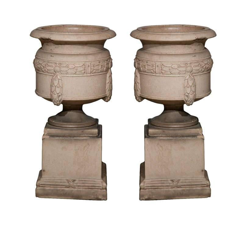 Rare Pair of Fireclay Urns on Plinths, Signed LEFCO