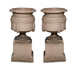 Rare Pair of Fireclay Urns on Plinths, Signed LEFCO