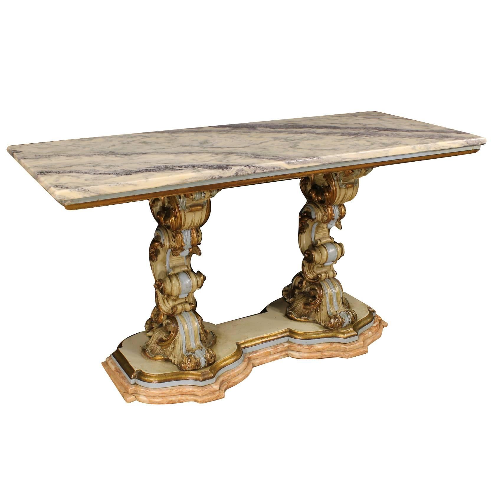 20th Century Console Table Made by Lacquered Wood with Marble Top