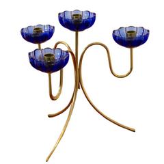 Gunnar Ander Brass and Blue Glass Candleholder for Ystad Metall, Sweden