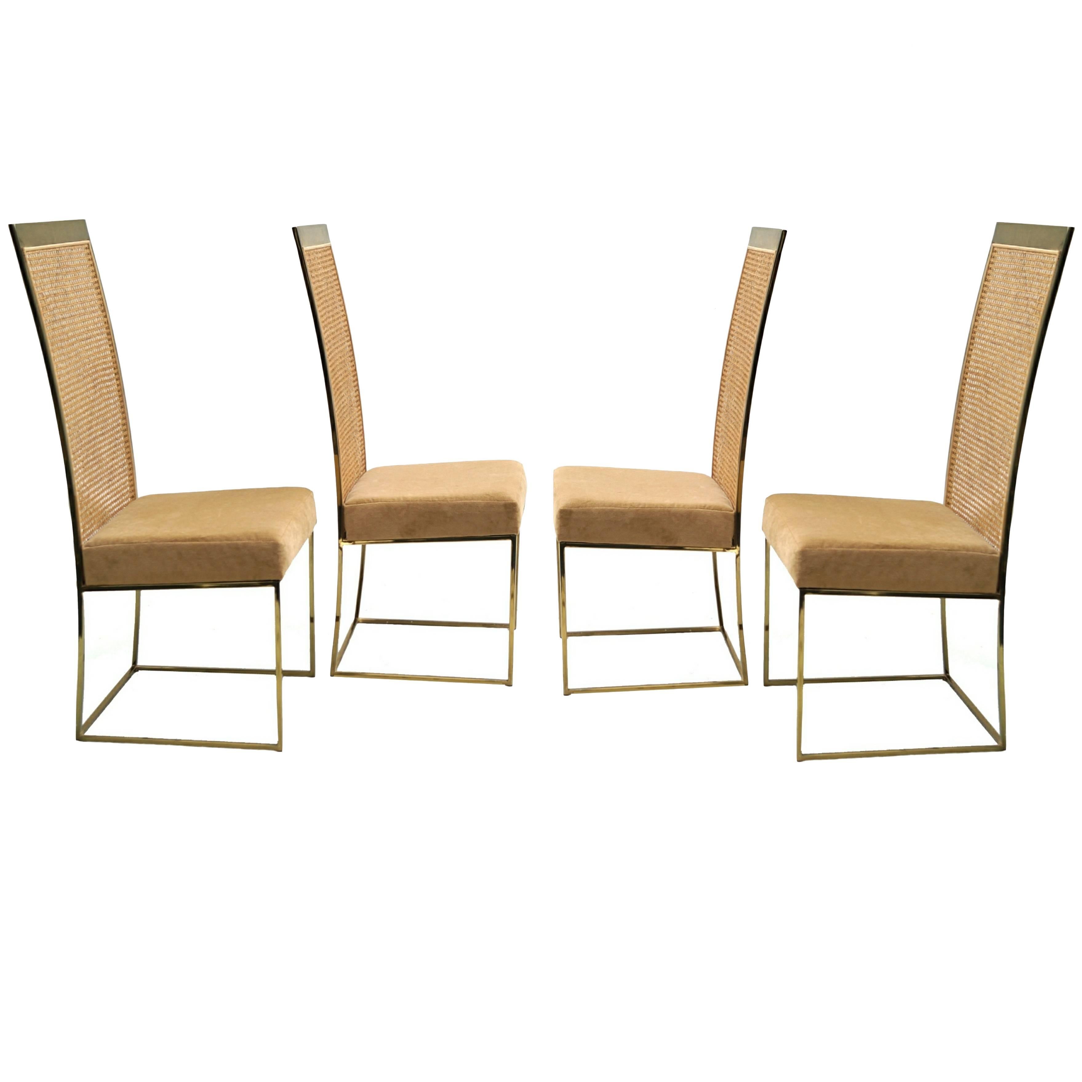 Four Milo Baughman for Thayer Coggin, Brass Tone Cane Back Dining Chairs