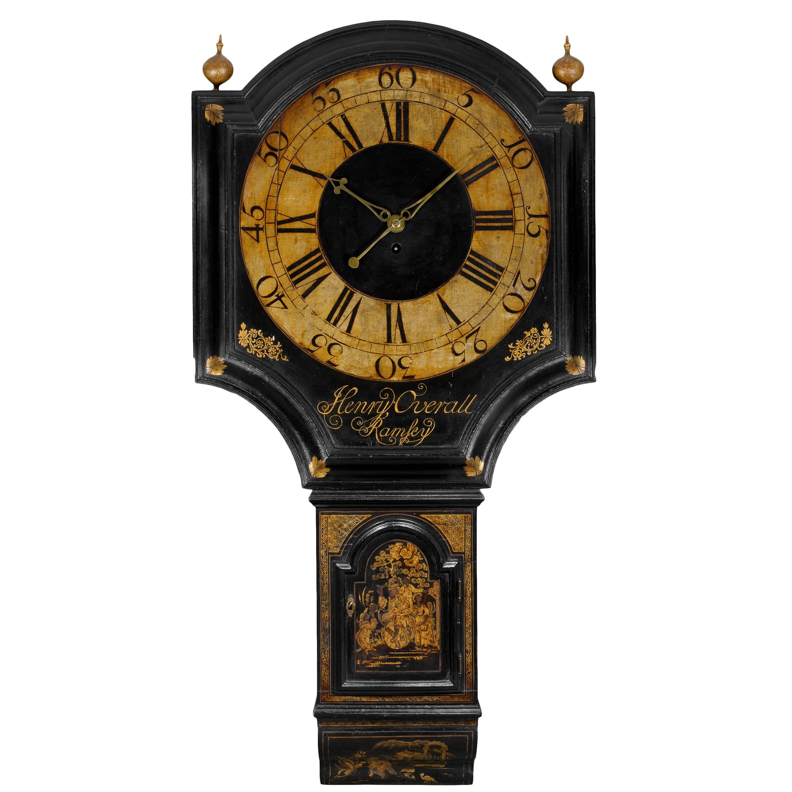 George III Black Lacquer Tavern Clock by Henry Overall of Ramsey For Sale
