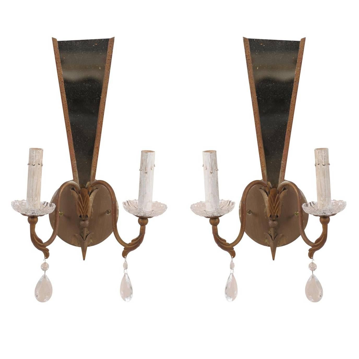 Pair of Modern French Sconces with Crystal Accents and Mirrored Back For Sale