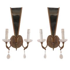 Vintage Pair of Modern French Sconces with Crystal Accents and Mirrored Back