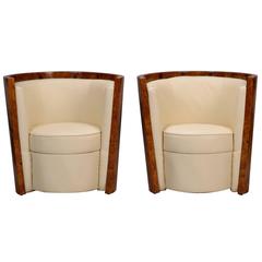 Pair of Italian Art Deco Ivory Leather and Polished Burled Olive Wood Tub Chairs