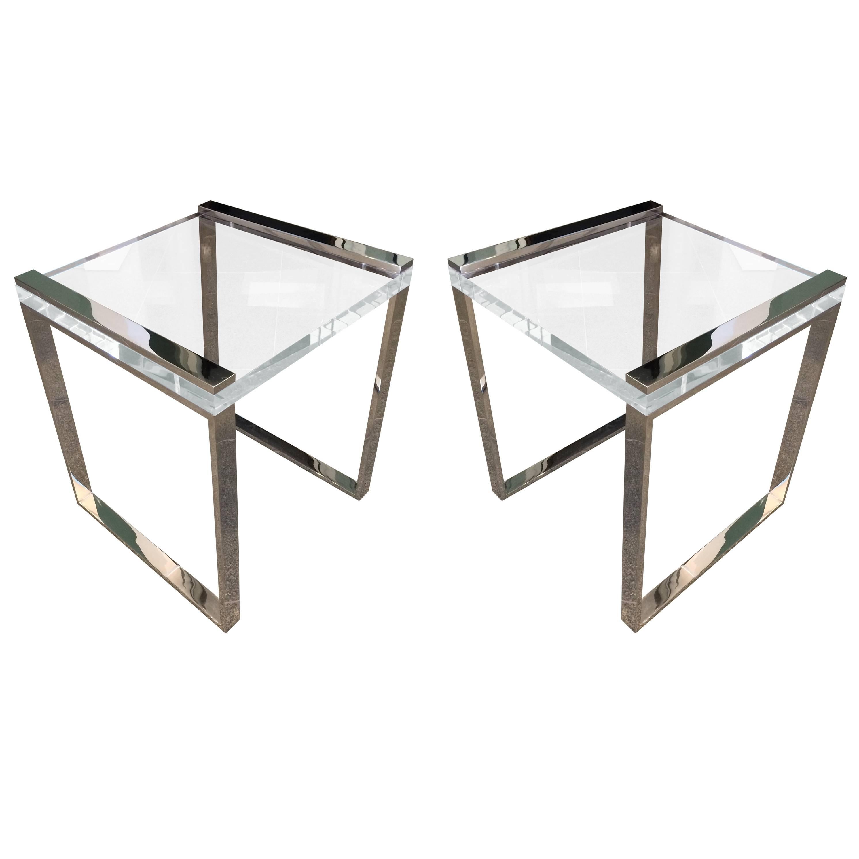 Charles Hollis Jones Side Tables in Lucite and Polished Nickel from the Box Line