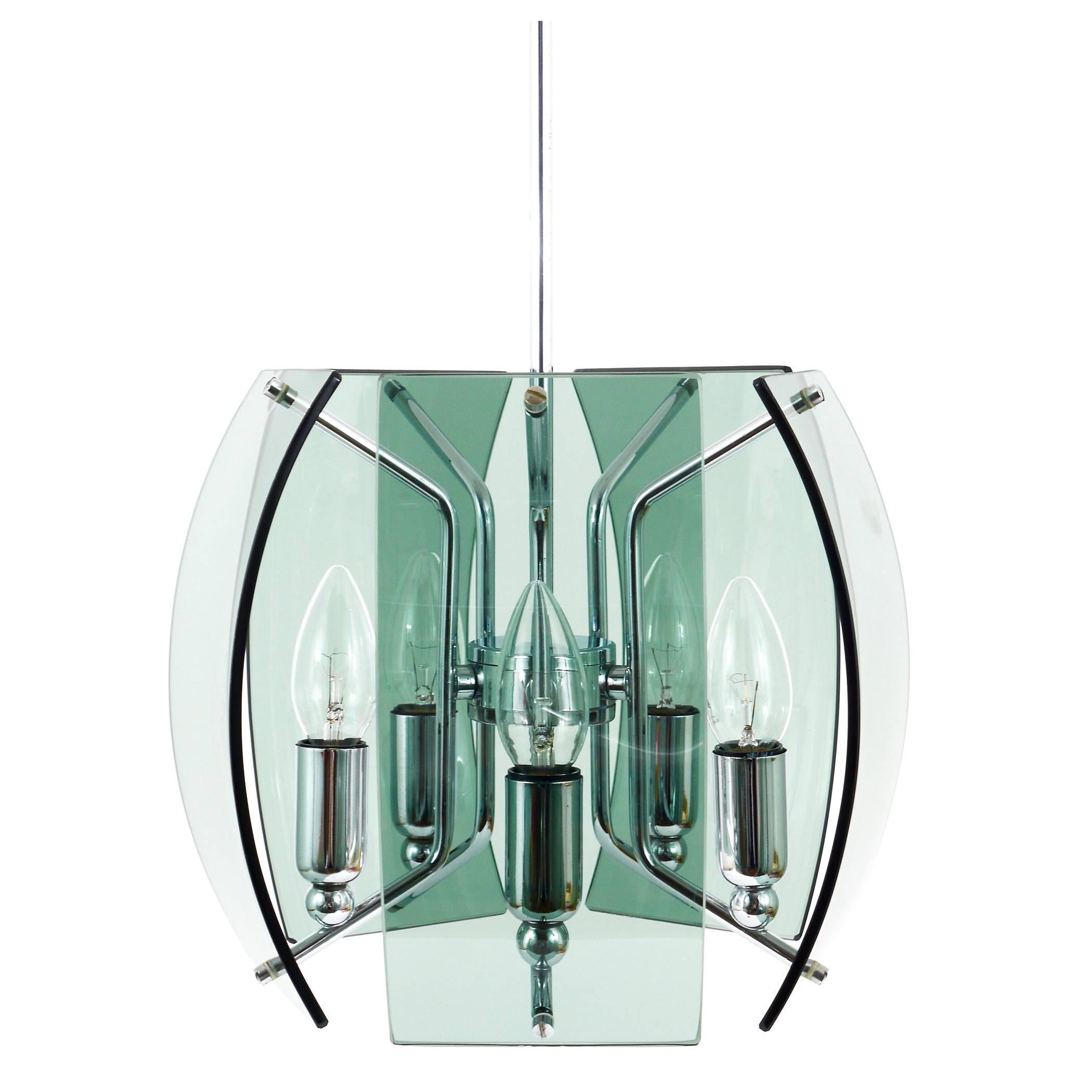 Fontana Arte Style Mid-Century Glass & Chrome Chandelier, Italy, 1960s