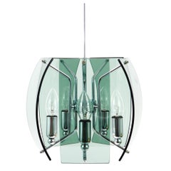 Fontana Arte Style Mid-Century Glass & Chrome Chandelier, Italy, 1960s