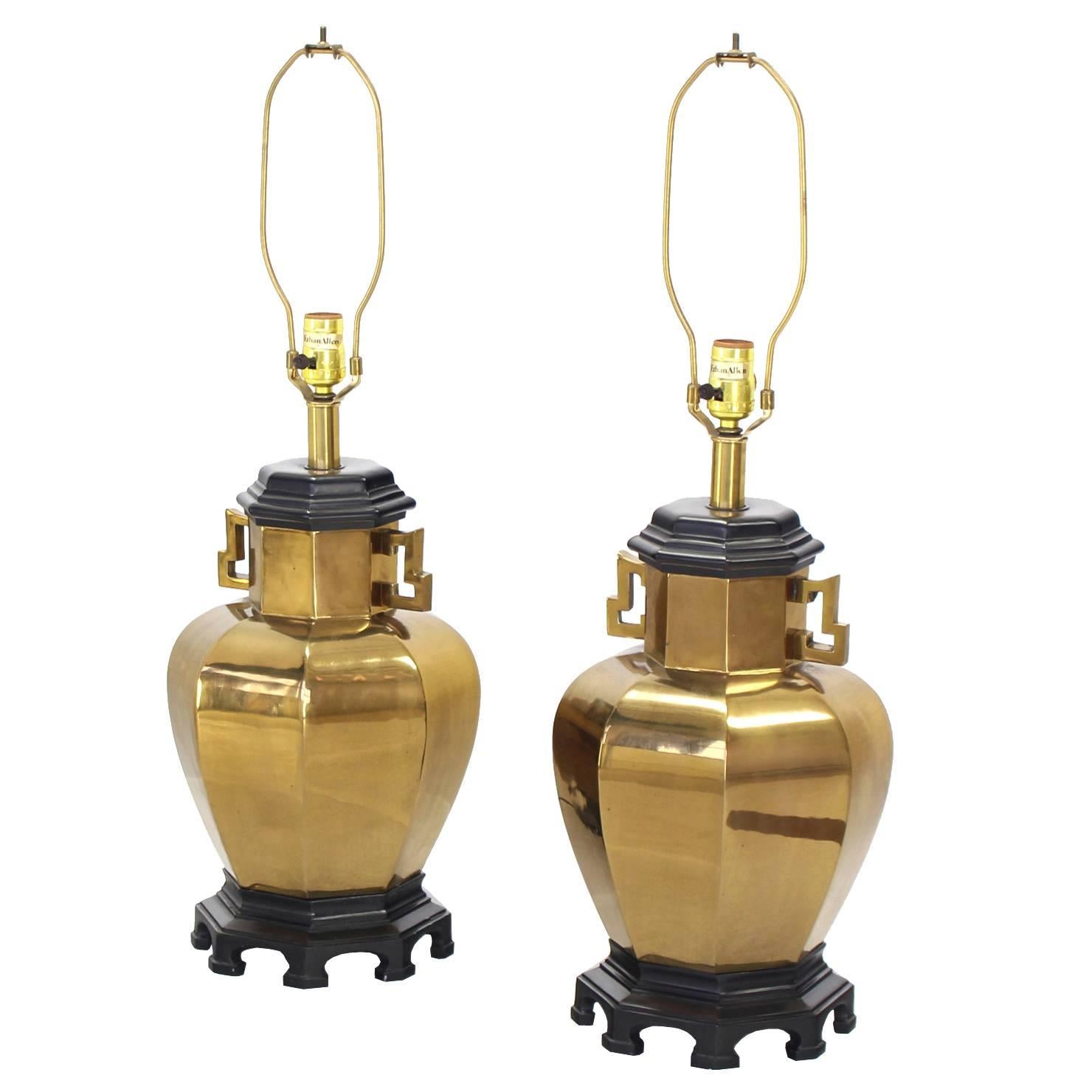 Pair of Brass Hexagon Shape Table Lamps For Sale