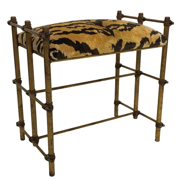 Italian Gilt Tole Bench with Scalamandre Le Tigre Cushion For Sale at