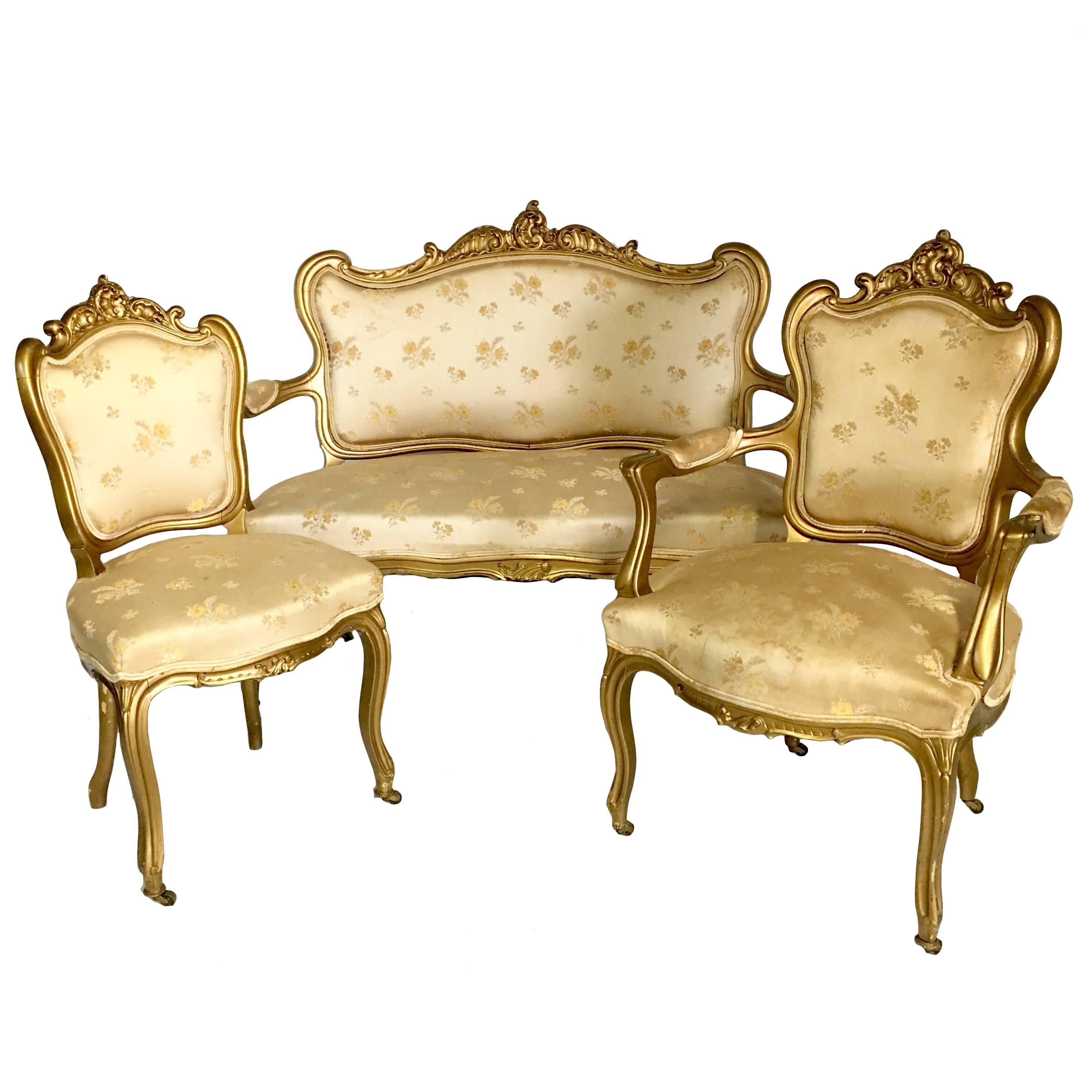 19th Century French Louis XV Style Gold Gilt Wood Three-Piece Rolling Parlor Set For Sale
