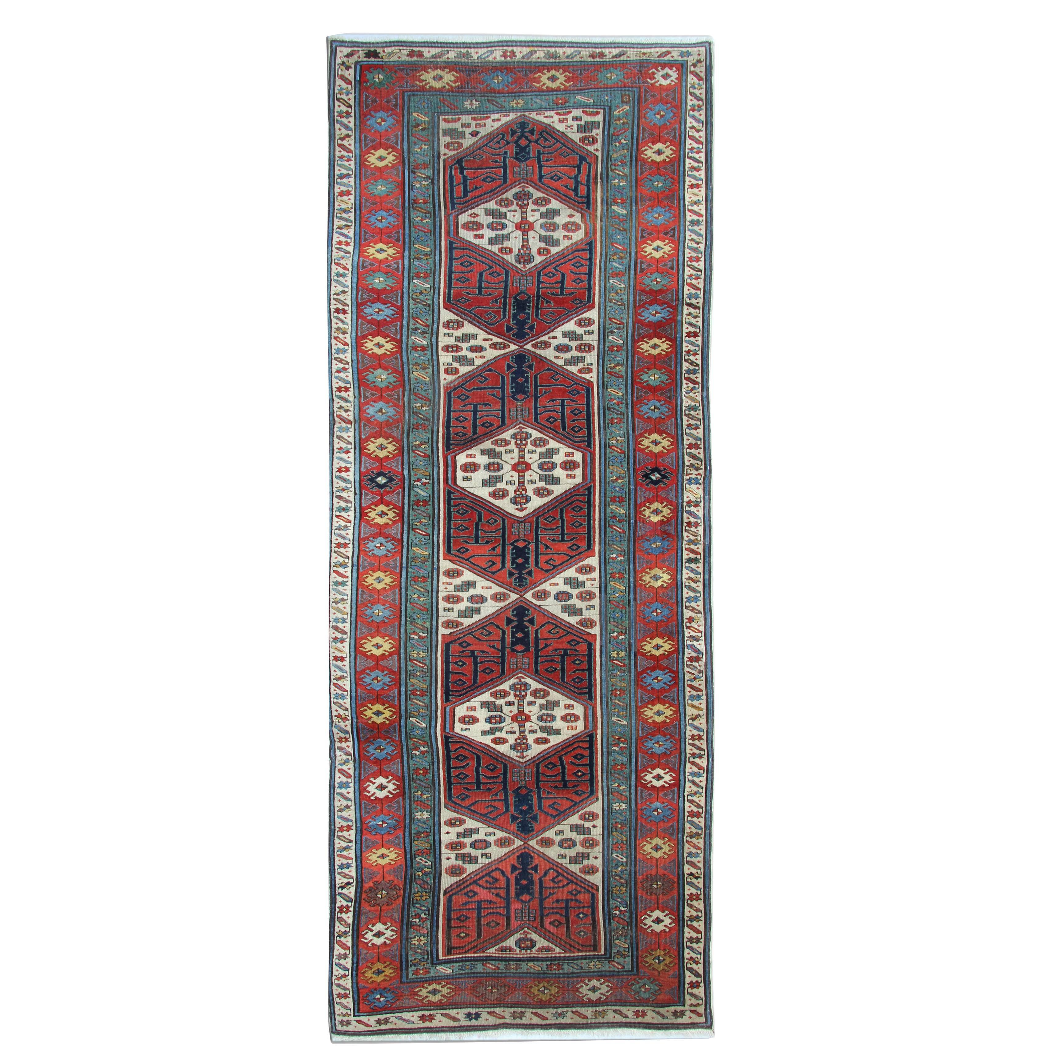 Antique Rugs, Geometric Runner Rug Handmade Carpet Runner Oriental Rugs for Sale For Sale