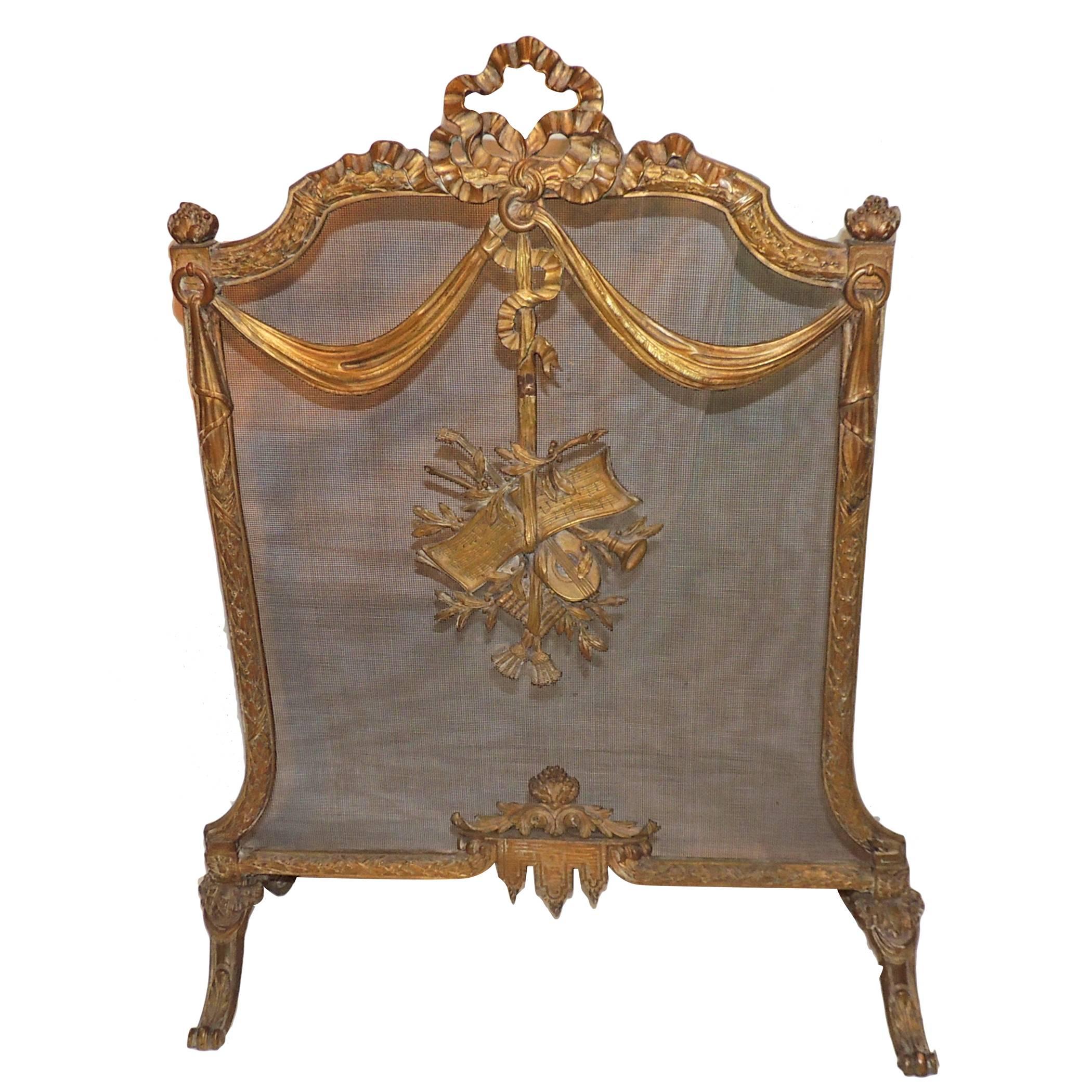 Wonderful French Bronze Bow Ribbons Floral Musical Fireplace Screen Fire Screen