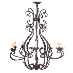 Wrought Iron Cage-Form Eight-Light Chandelier