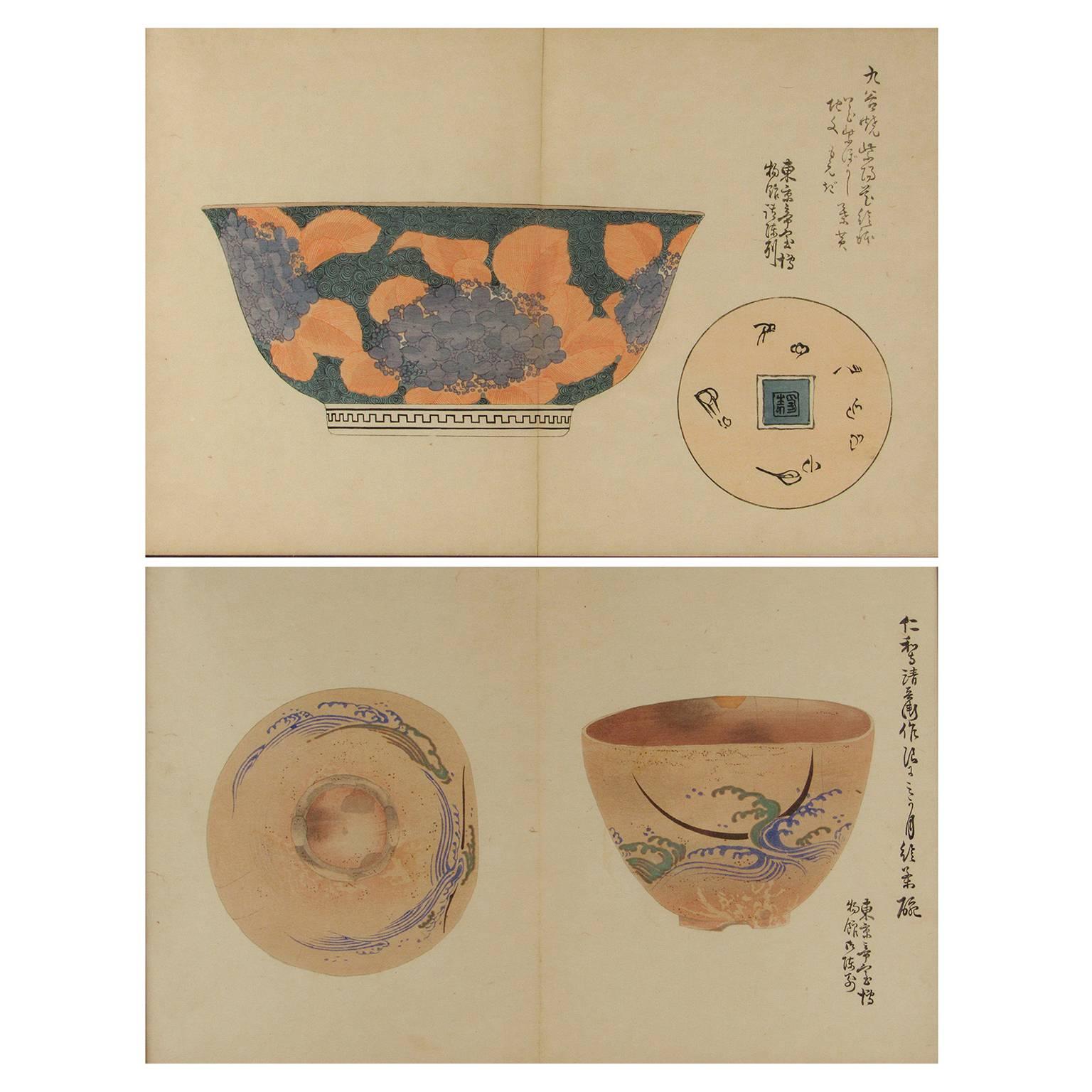 Set of Two Framed Japanese Woodblock Prints Depicting Porcelain Designs